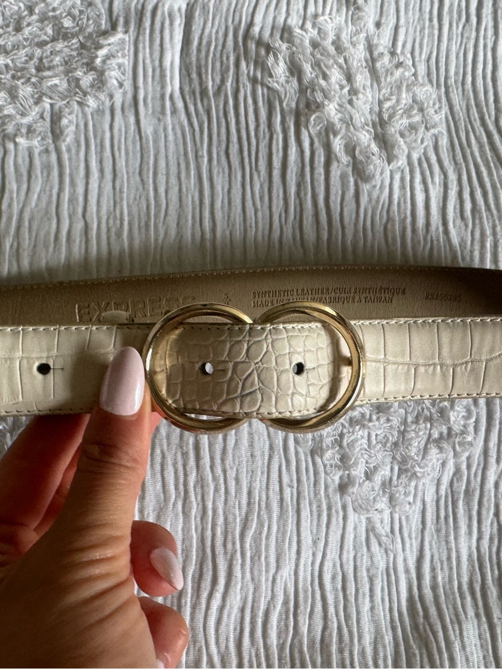 women’s white faux leather belt size small gold accent from Express